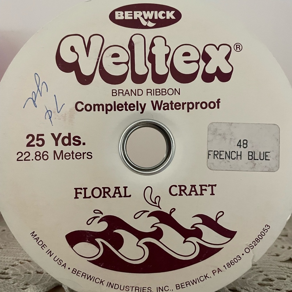 Veltex Velvet Ribbon VTG French Blue Berwick Waterproof 25 yards 1.5” wide USA